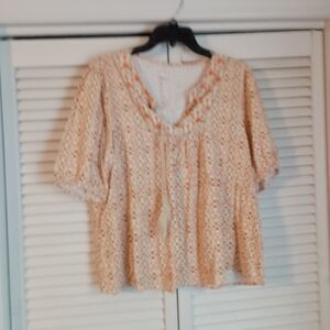 Wonderly Women's Blouse Size XL Boho Neck Tie Neckline Loose Flowy Orange White